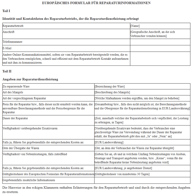 Europäisches Formular für Reparaturinformationen